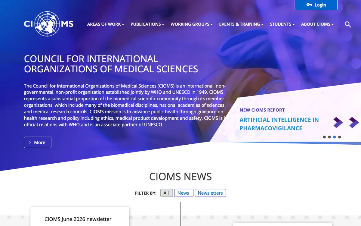 Скриншот: CIOMS — организация при ВОЗ, Швейцария